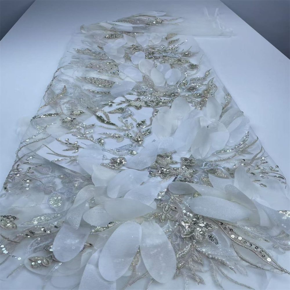 Beaded Tulle Feather 3D Floral Fabric - 5 Yards | HY003