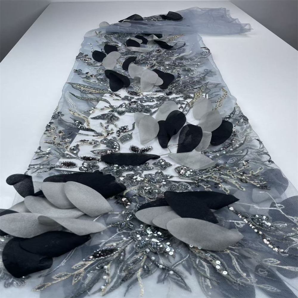 Beaded Tulle Feather 3D Floral Fabric - 5 Yards | HY003