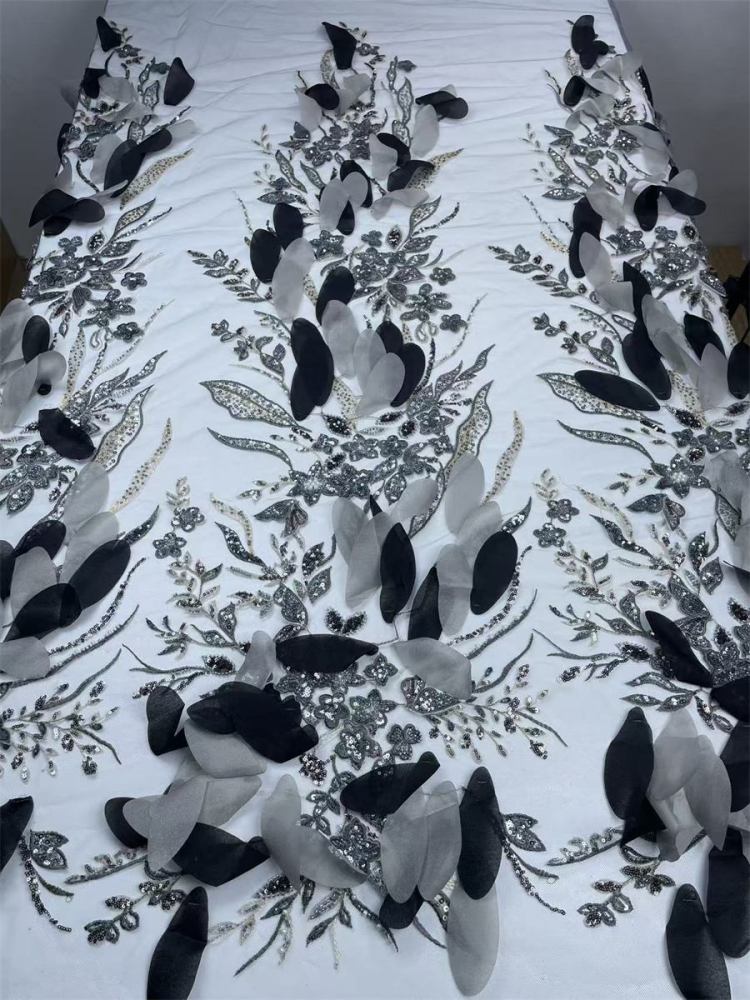 Beaded Tulle Feather 3D Floral Fabric - 5 Yards | HY003