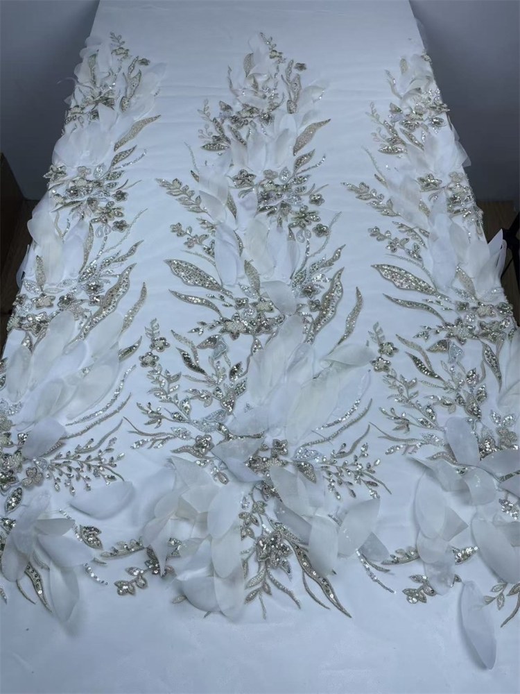 Beaded Tulle Feather 3D Floral Fabric - 5 Yards | HY003