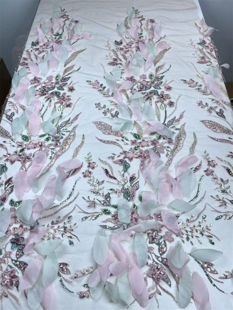 Beaded Tulle Feather 3D Floral Fabric - 5 Yards | HY003