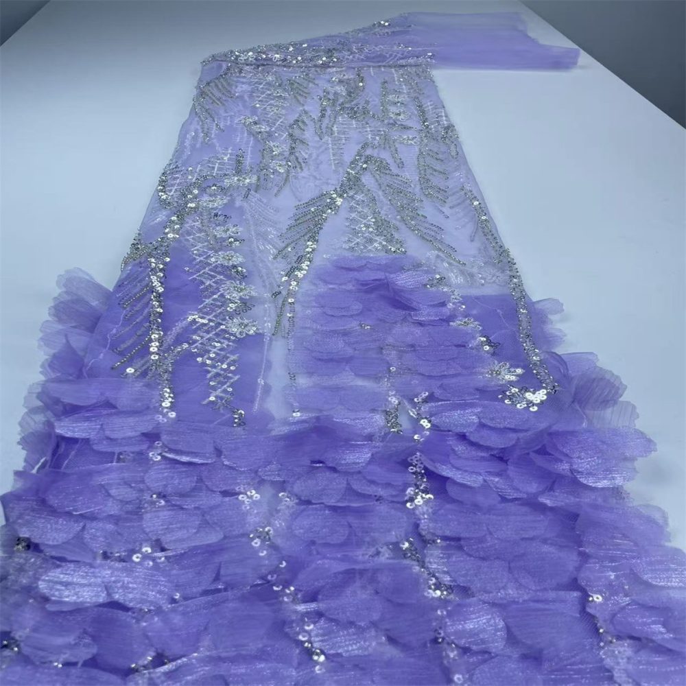Beaded Tulle Feather 3D Floral Fabric - 5 Yards | HY004