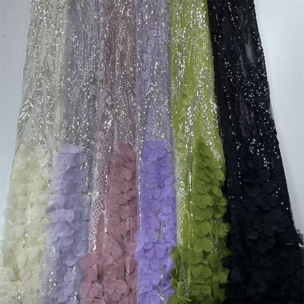 Beaded Tulle Feather 3D Floral Fabric - 5 Yards | HY004