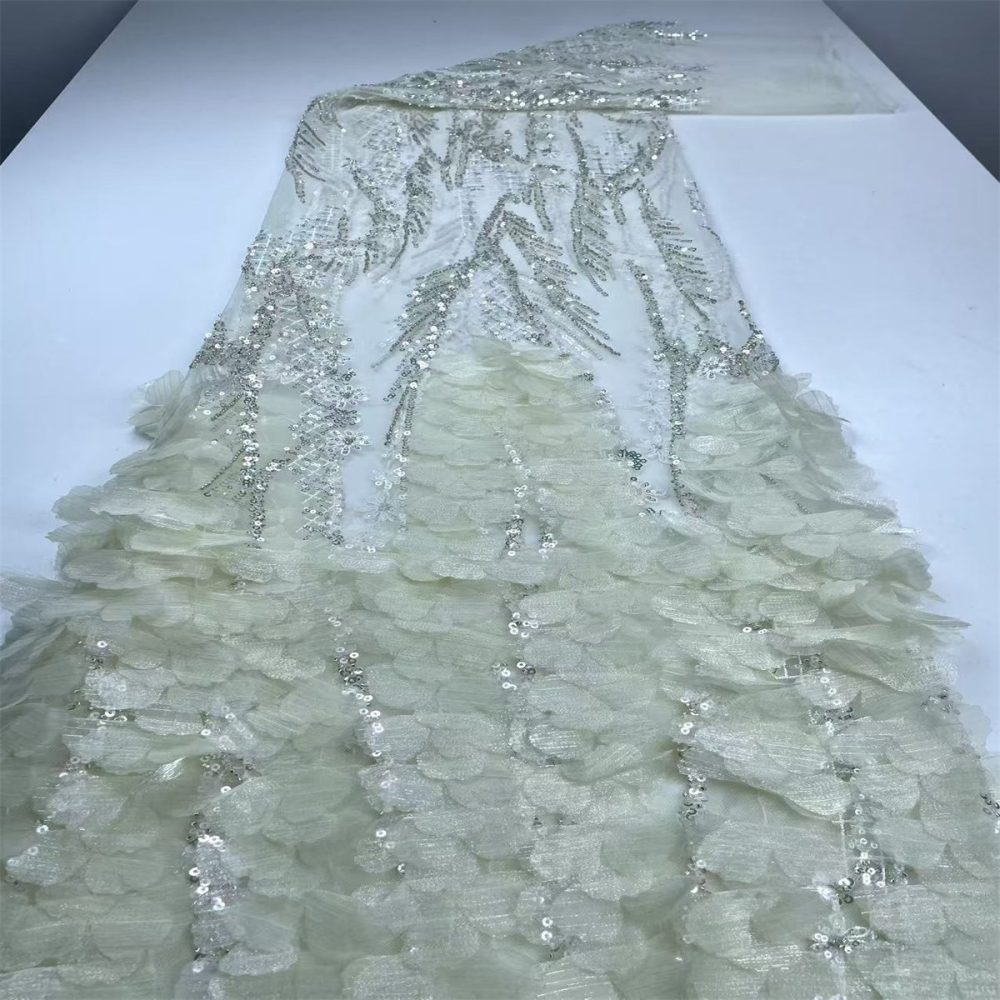 Beaded Tulle Feather 3D Floral Fabric - 5 Yards | HY004