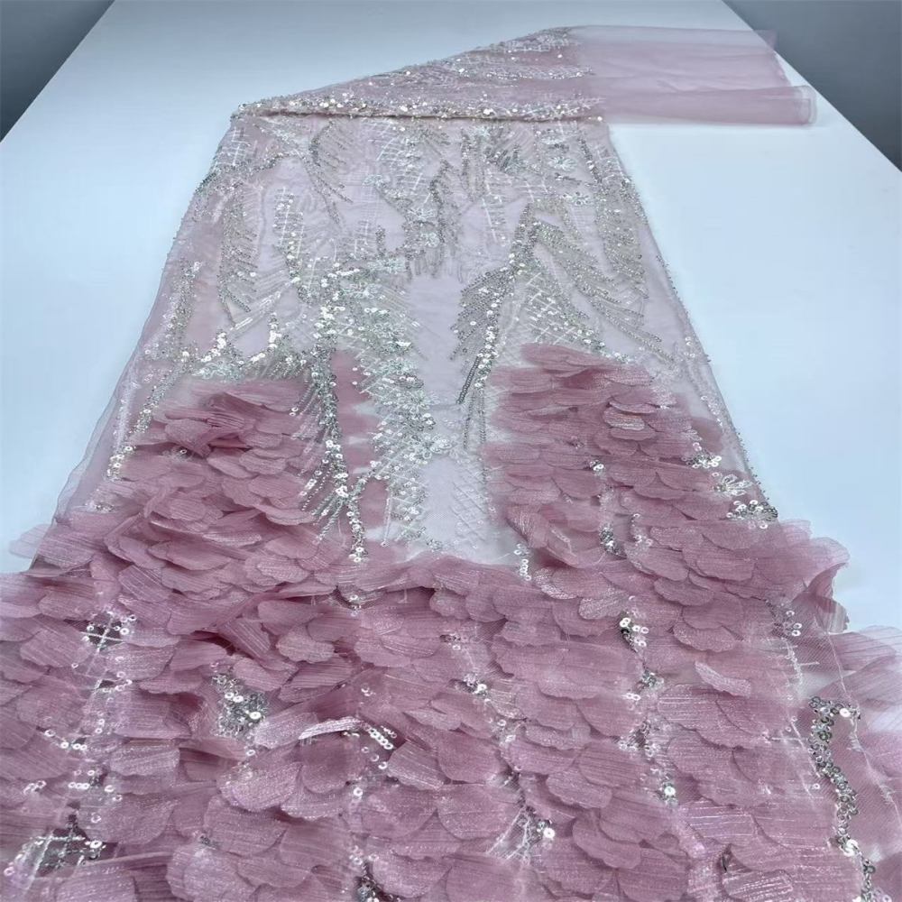 Beaded Tulle Feather 3D Floral Fabric - 5 Yards | HY004