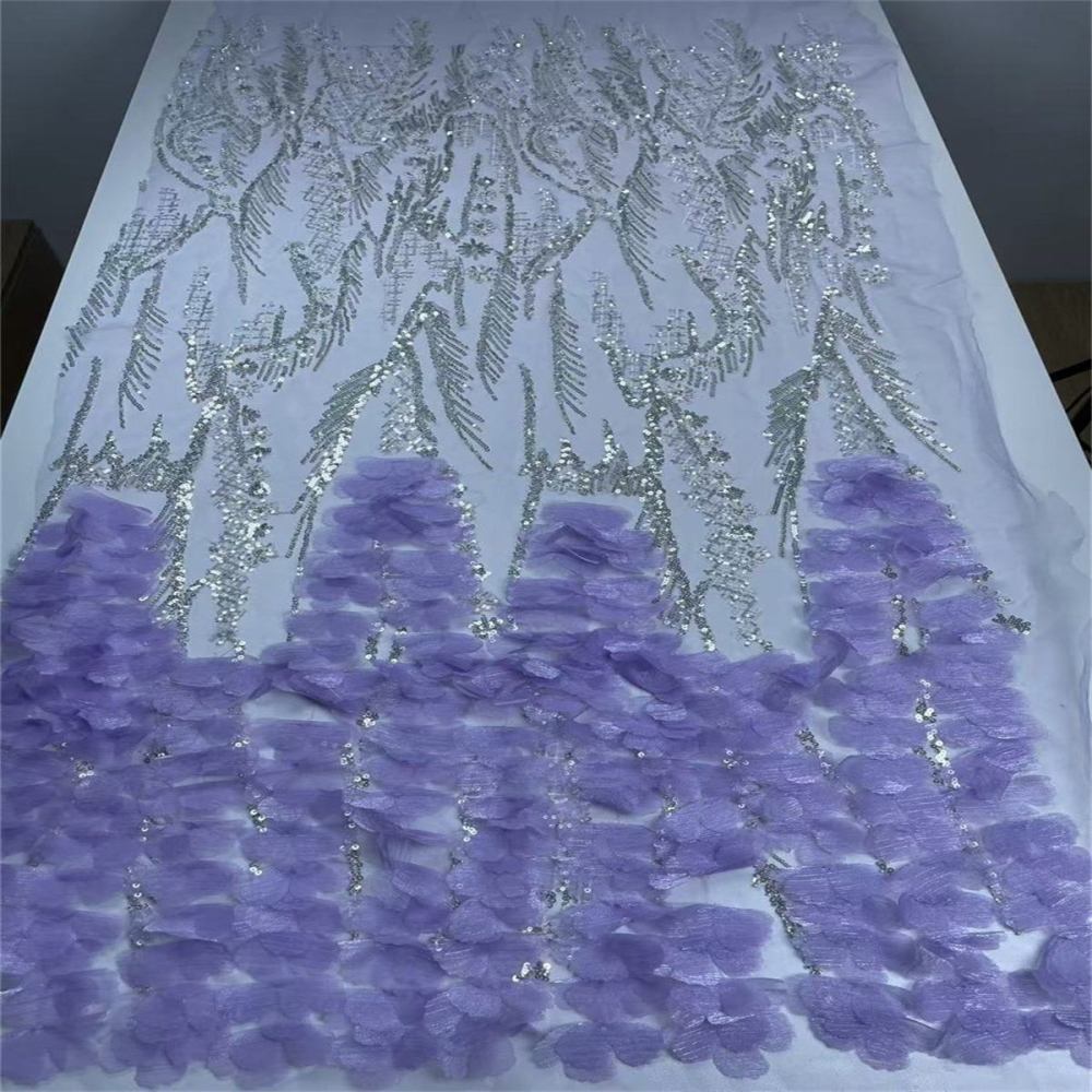 Beaded Tulle Feather 3D Floral Fabric - 5 Yards | HY004