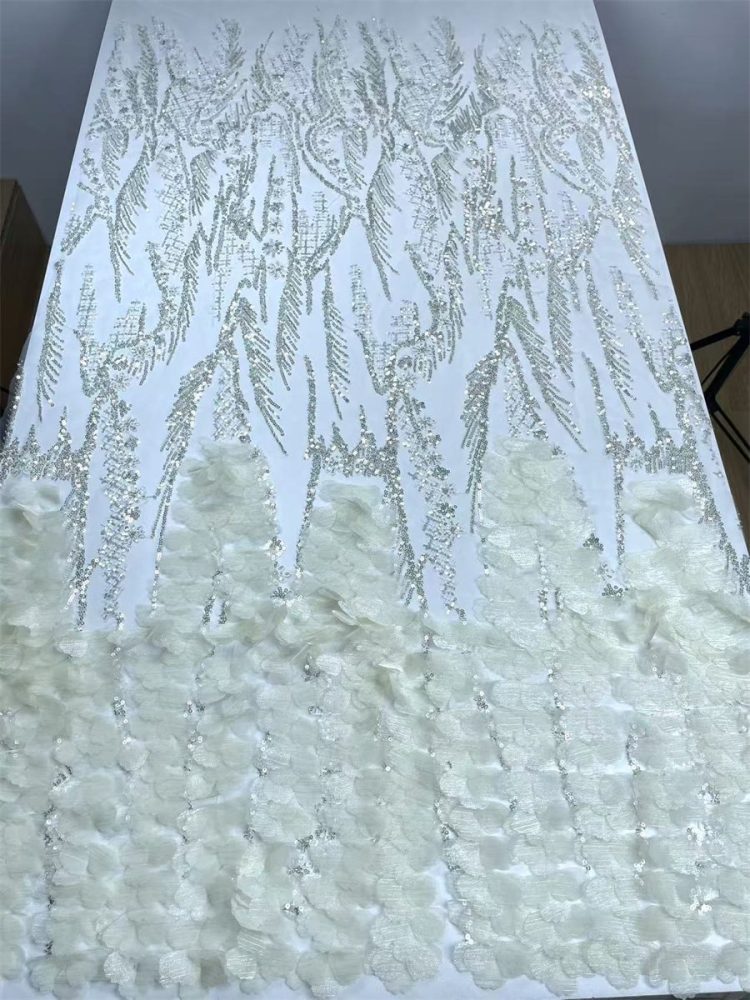 Beaded Tulle Feather 3D Floral Fabric - 5 Yards | HY004