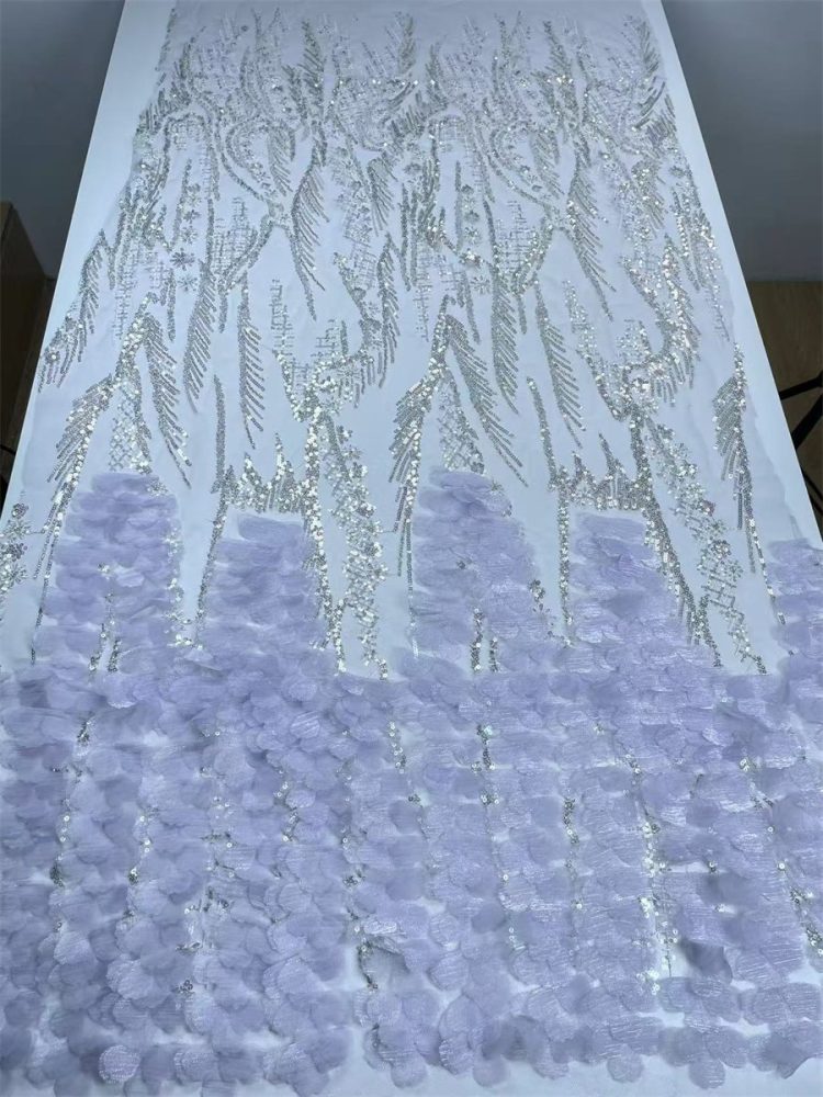 Beaded Tulle Feather 3D Floral Fabric - 5 Yards | HY004