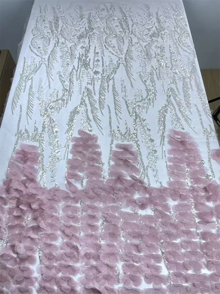 Beaded Tulle Feather 3D Floral Fabric - 5 Yards | HY004