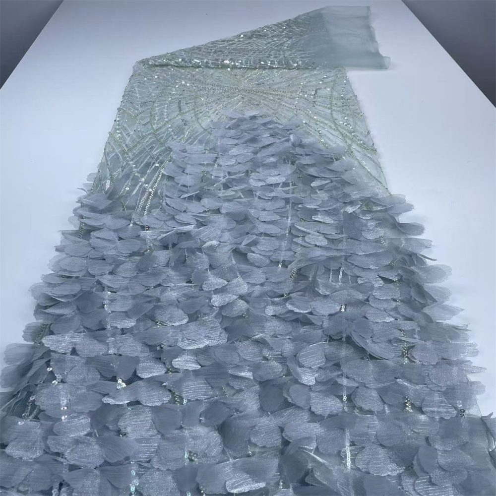 Beaded Tulle Feather 3D Floral Fabric - 5 Yards | HY005