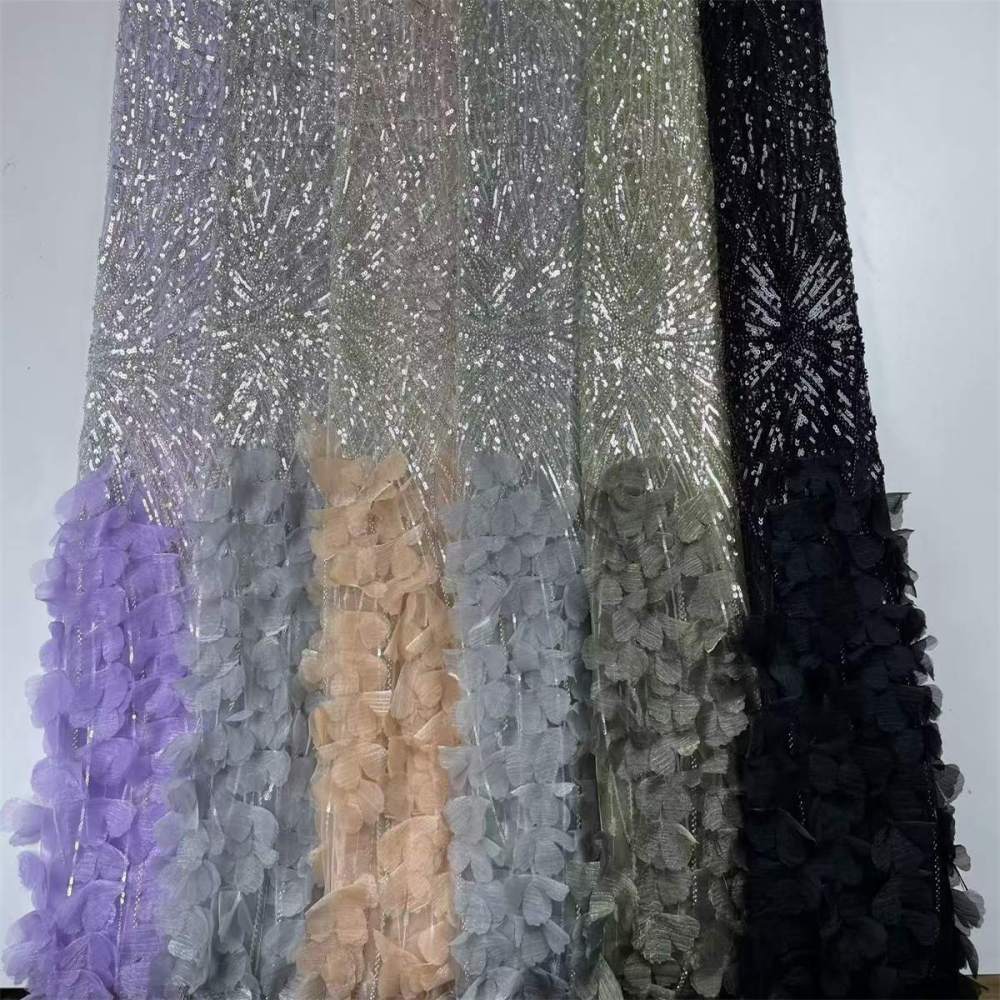 Beaded Tulle Feather 3D Floral Fabric - 5 Yards | HY005