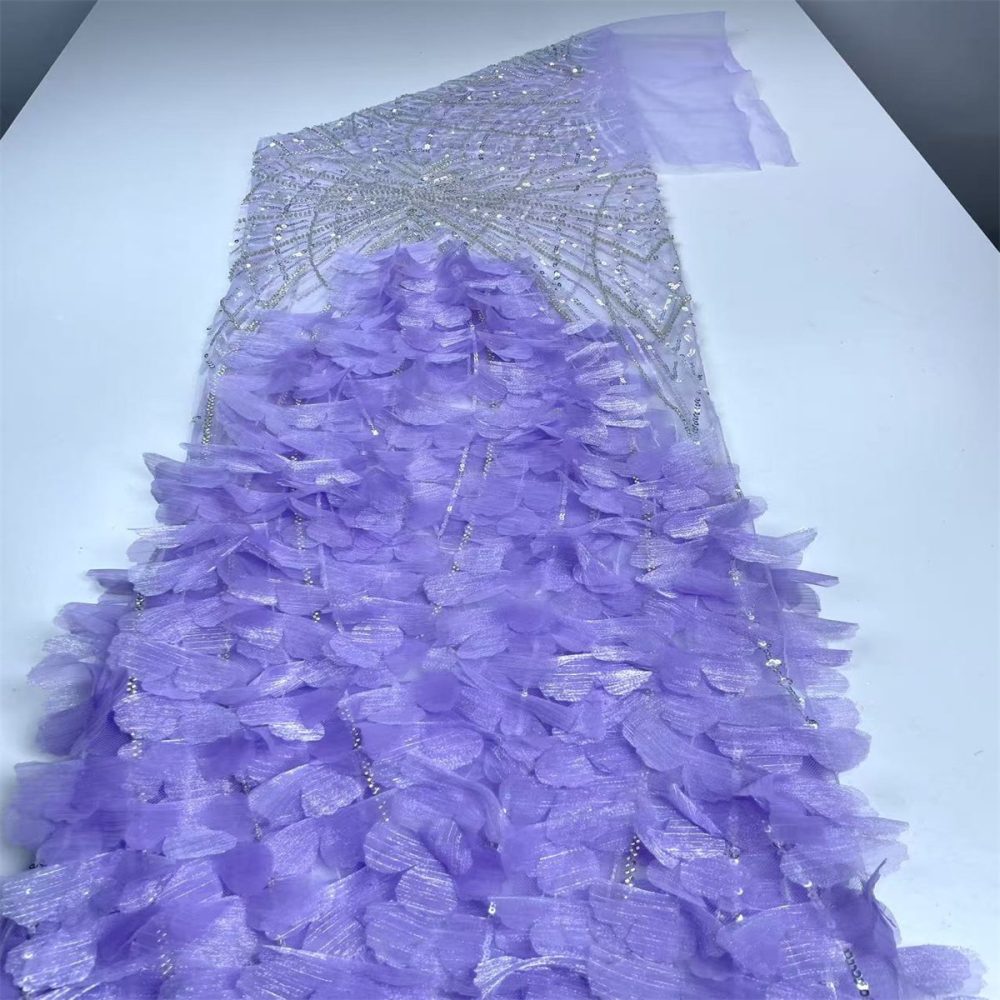 Beaded Tulle Feather 3D Floral Fabric - 5 Yards | HY005