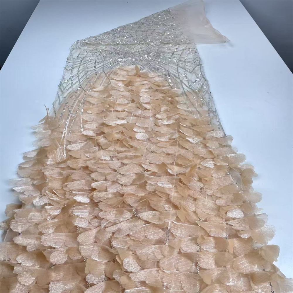 Beaded Tulle Feather 3D Floral Fabric - 5 Yards | HY005