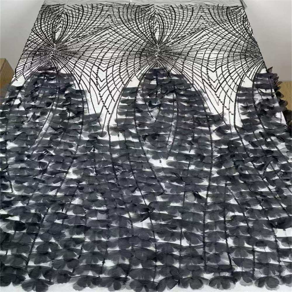 Beaded Tulle Feather 3D Floral Fabric - 5 Yards | HY005