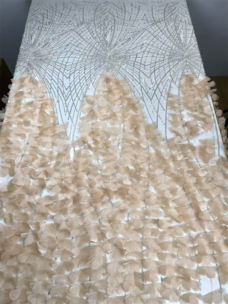 Beaded Tulle Feather 3D Floral Fabric - 5 Yards | HY005