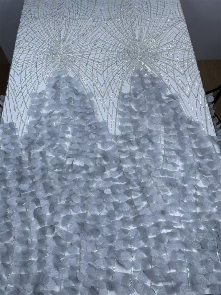 Beaded Tulle Feather 3D Floral Fabric - 5 Yards | HY005