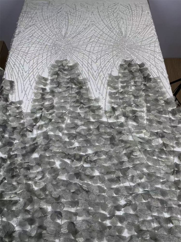 Beaded Tulle Feather 3D Floral Fabric - 5 Yards | HY005