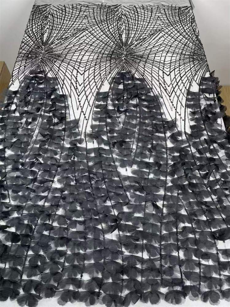 Beaded Tulle Feather 3D Floral Fabric - 5 Yards | HY005