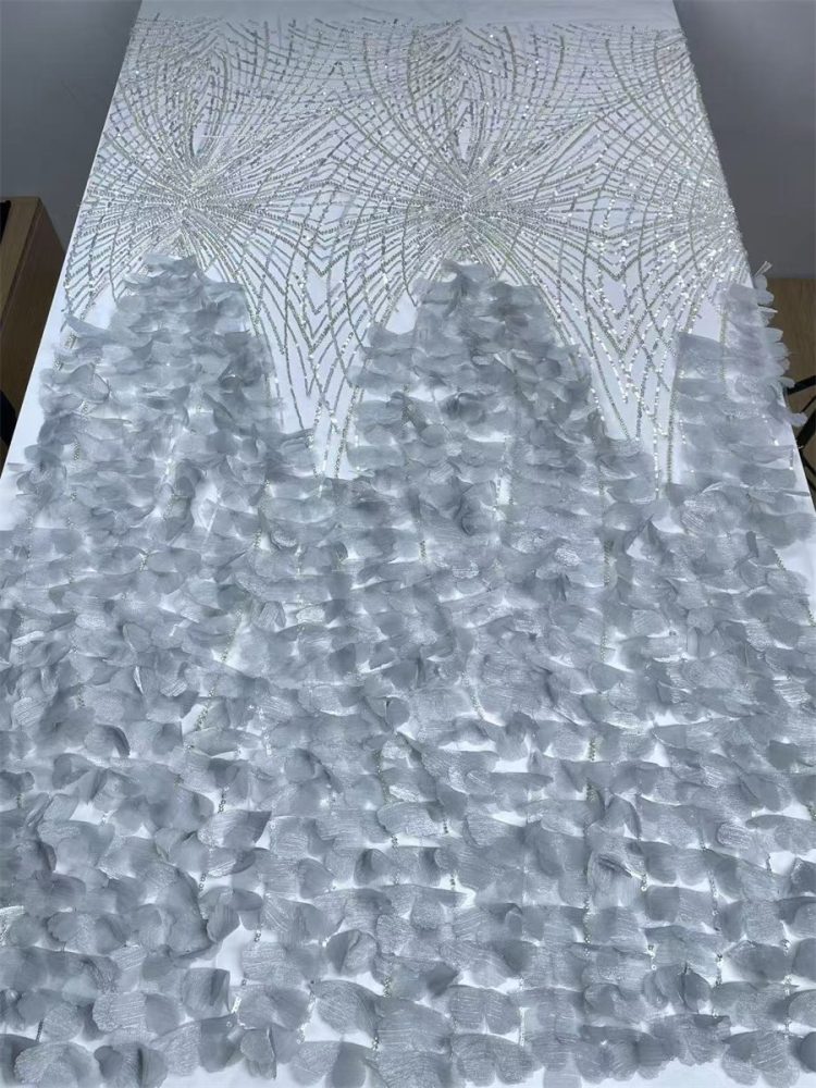 Beaded Tulle Feather 3D Floral Fabric - 5 Yards | HY005