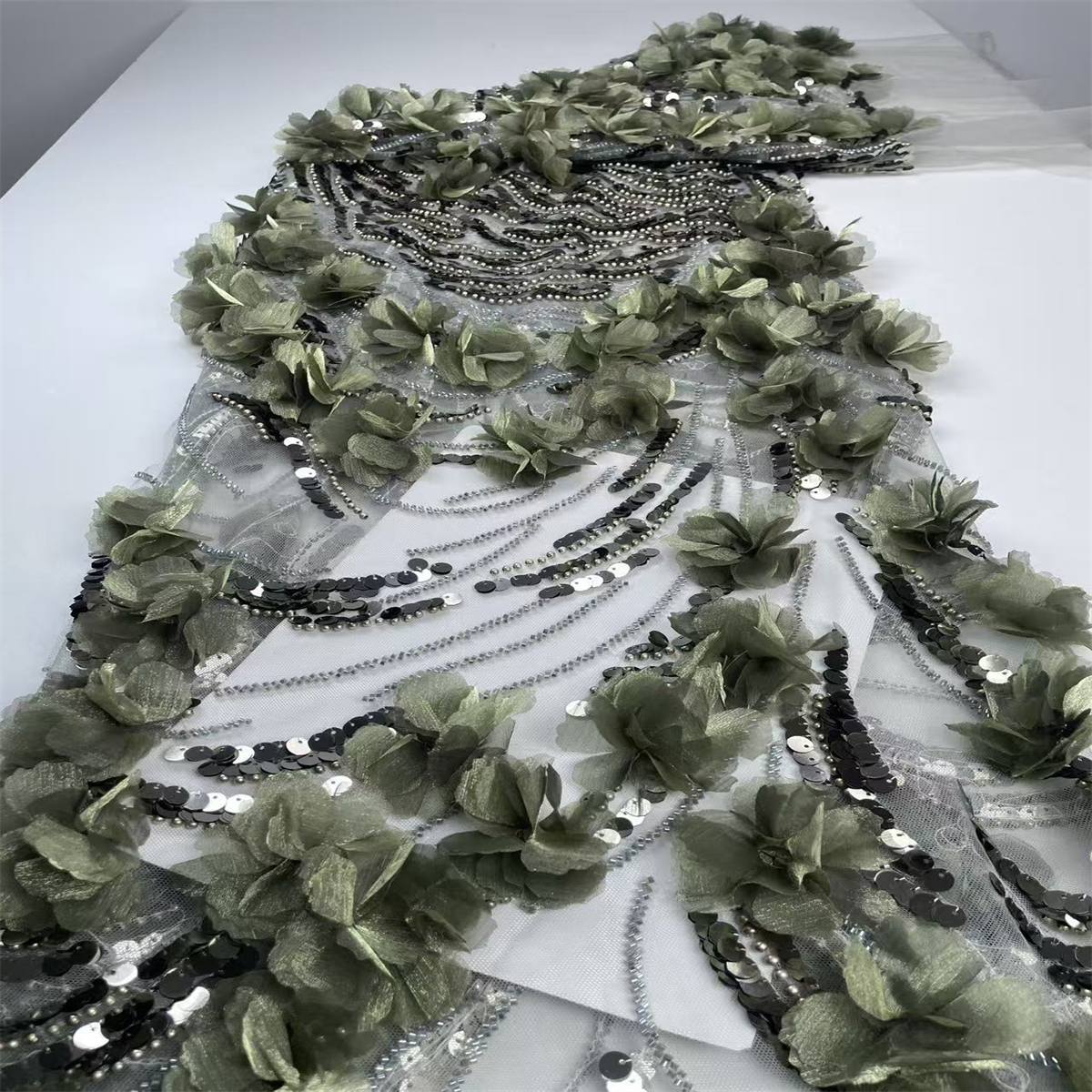 Beaded Tulle Feather 3D Floral Fabric - 5 Yards | HY006
