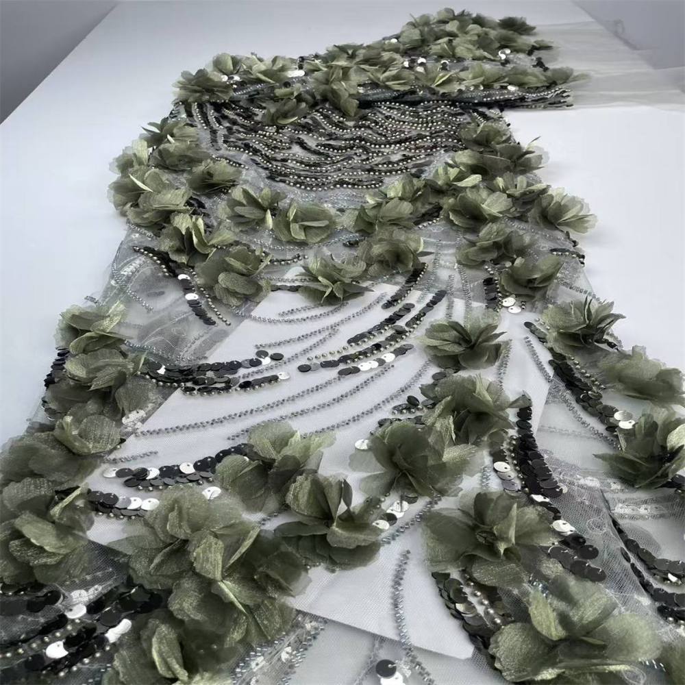Beaded Tulle Feather 3D Floral Fabric - 5 Yards | HY006