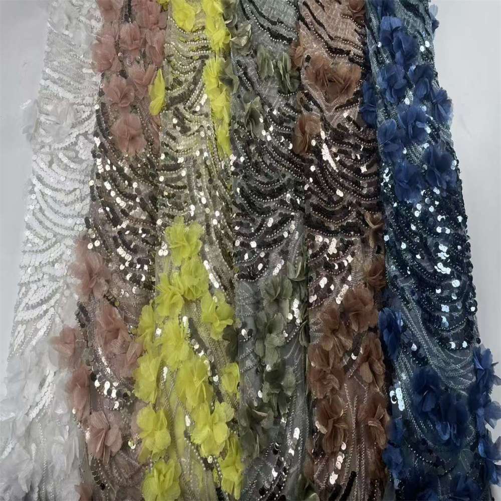 Beaded Tulle Feather 3D Floral Fabric - 5 Yards | HY006