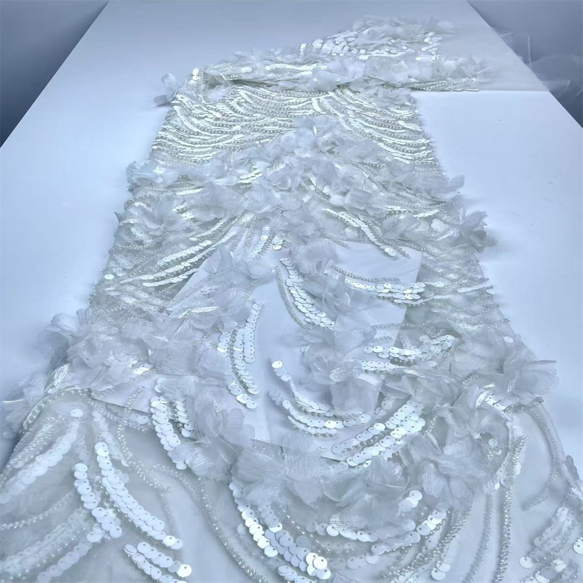 Beaded Tulle Feather 3D Floral Fabric - 5 Yards | HY006