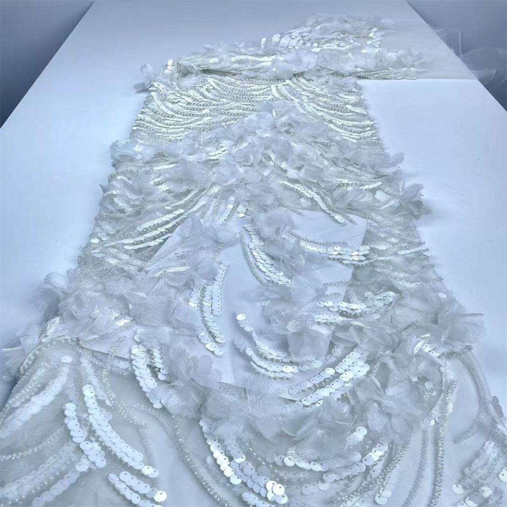 Beaded Tulle Feather 3D Floral Fabric - 5 Yards | HY006