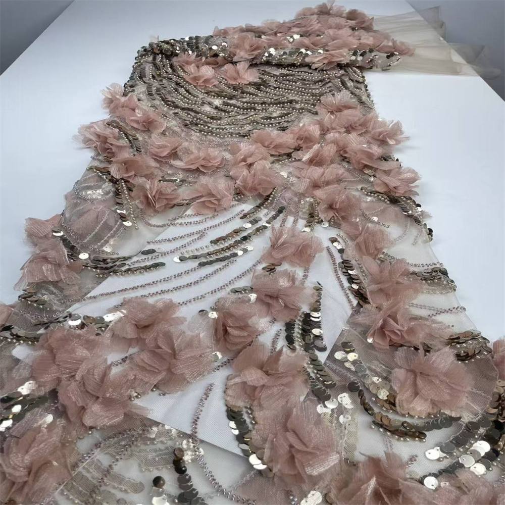 Beaded Tulle Feather 3D Floral Fabric - 5 Yards | HY006
