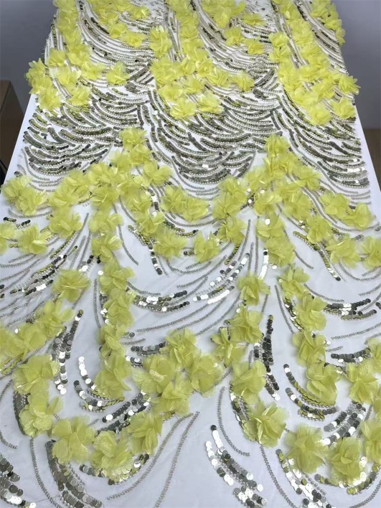 Beaded Tulle Feather 3D Floral Fabric - 5 Yards | HY006