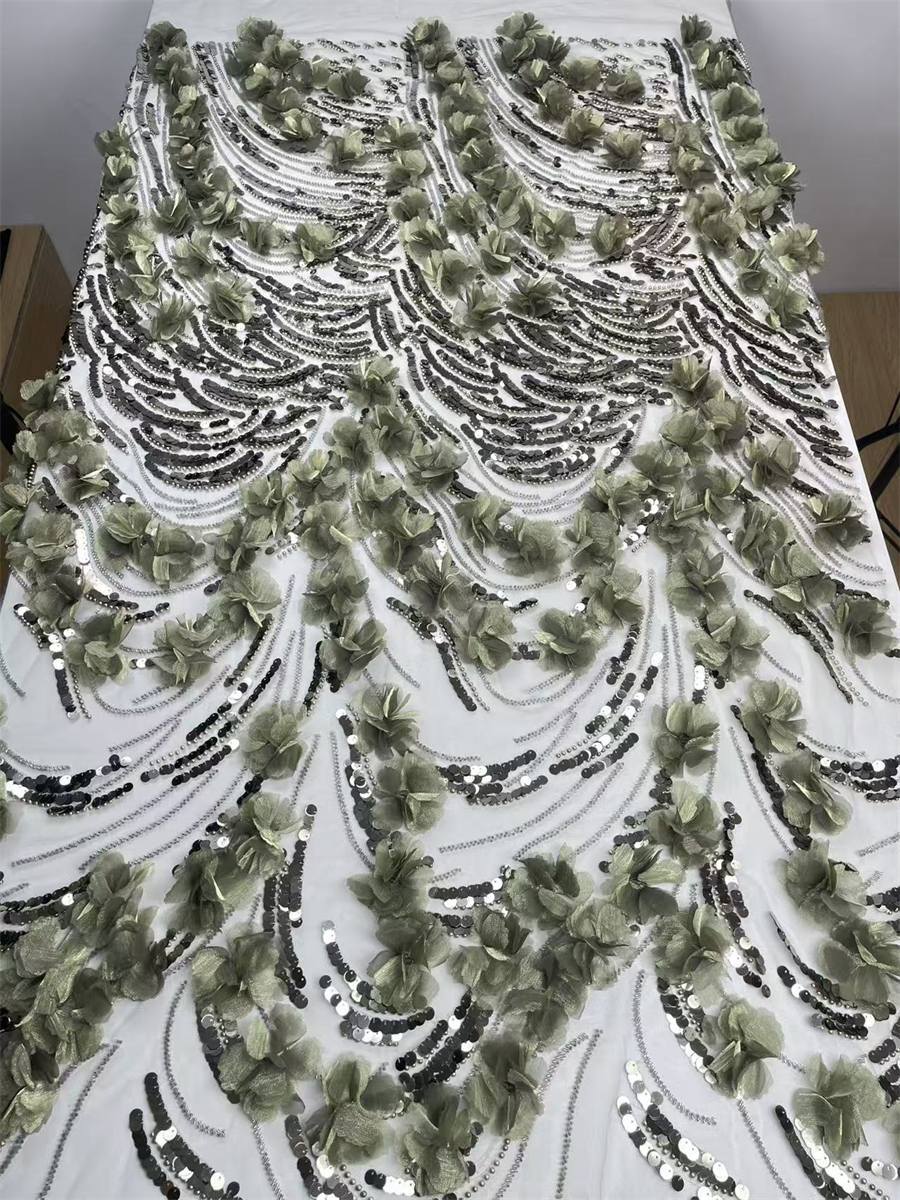 Beaded Tulle Feather 3D Floral Fabric - 5 Yards | HY006