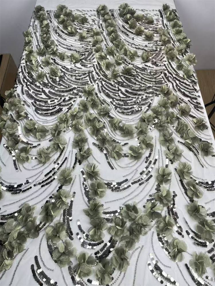 Beaded Tulle Feather 3D Floral Fabric - 5 Yards | HY006