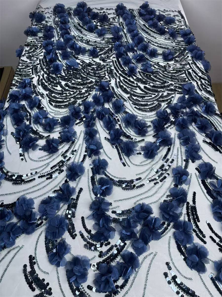 Beaded Tulle Feather 3D Floral Fabric - 5 Yards | HY006