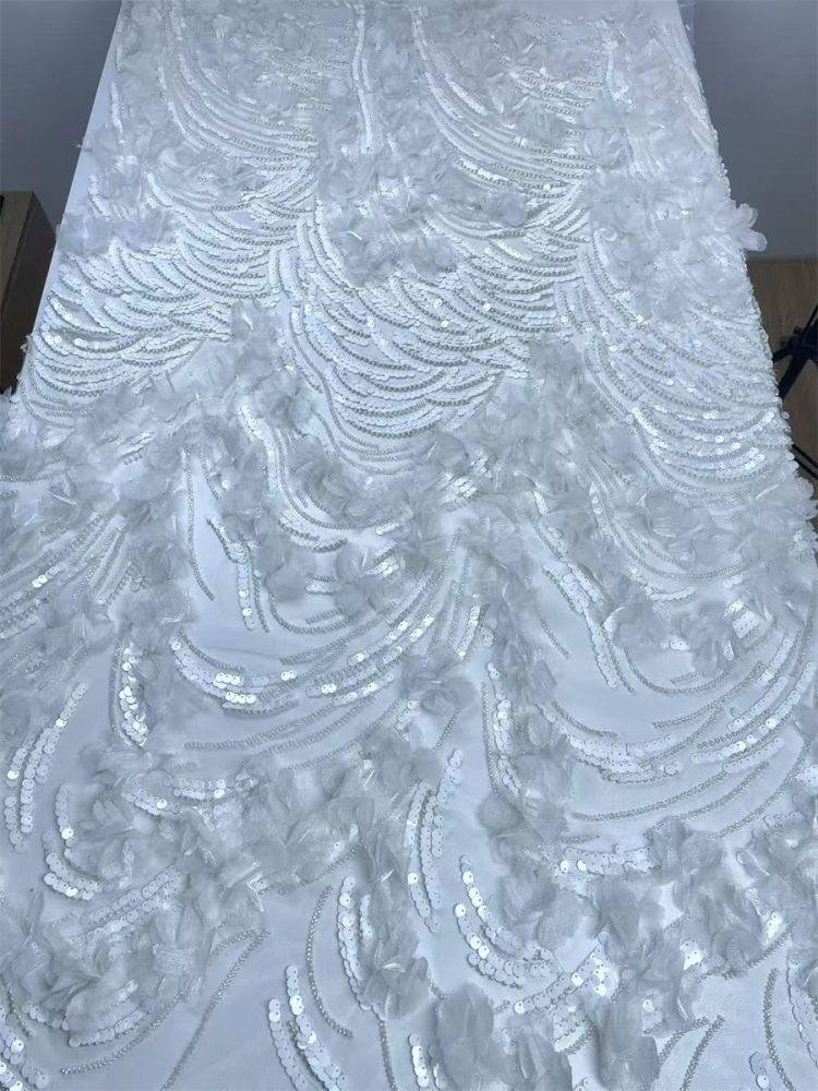 Beaded Tulle Feather 3D Floral Fabric - 5 Yards | HY006