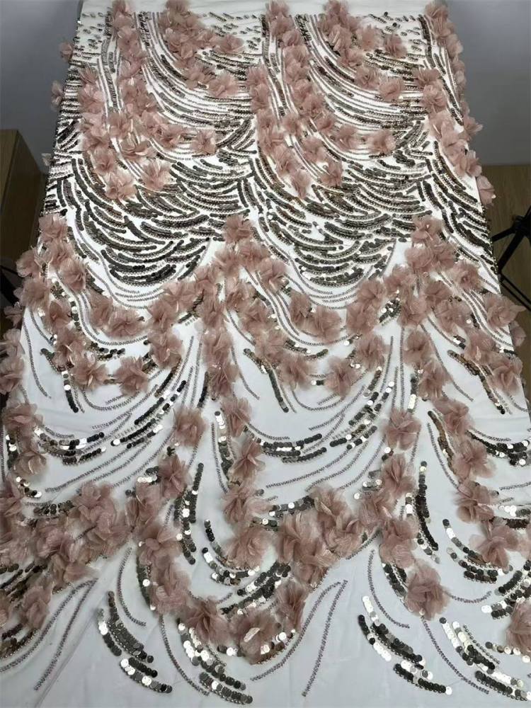 Beaded Tulle Feather 3D Floral Fabric - 5 Yards | HY006