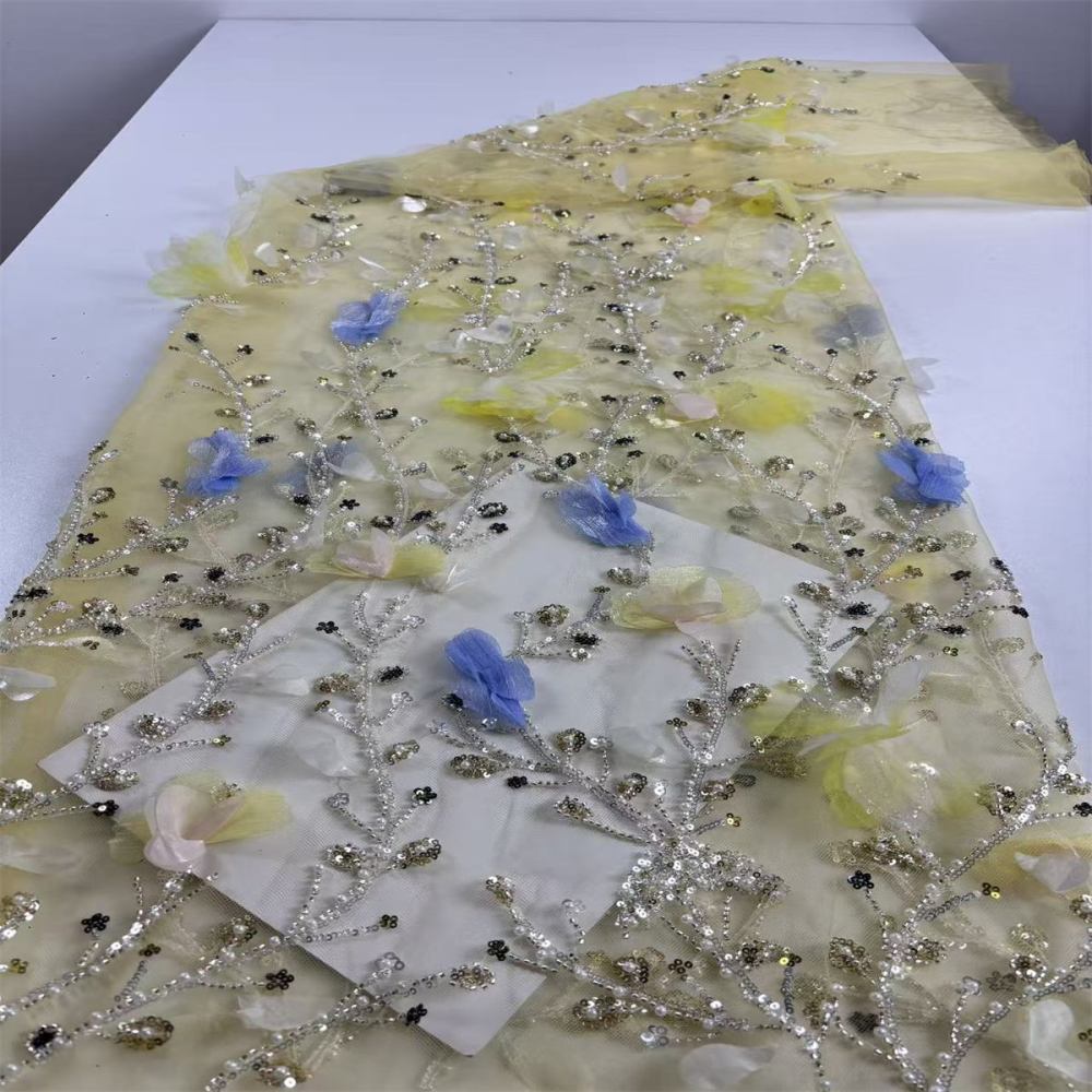 Beaded Tulle Feather 3D Floral Fabric - 5 Yards | HY012