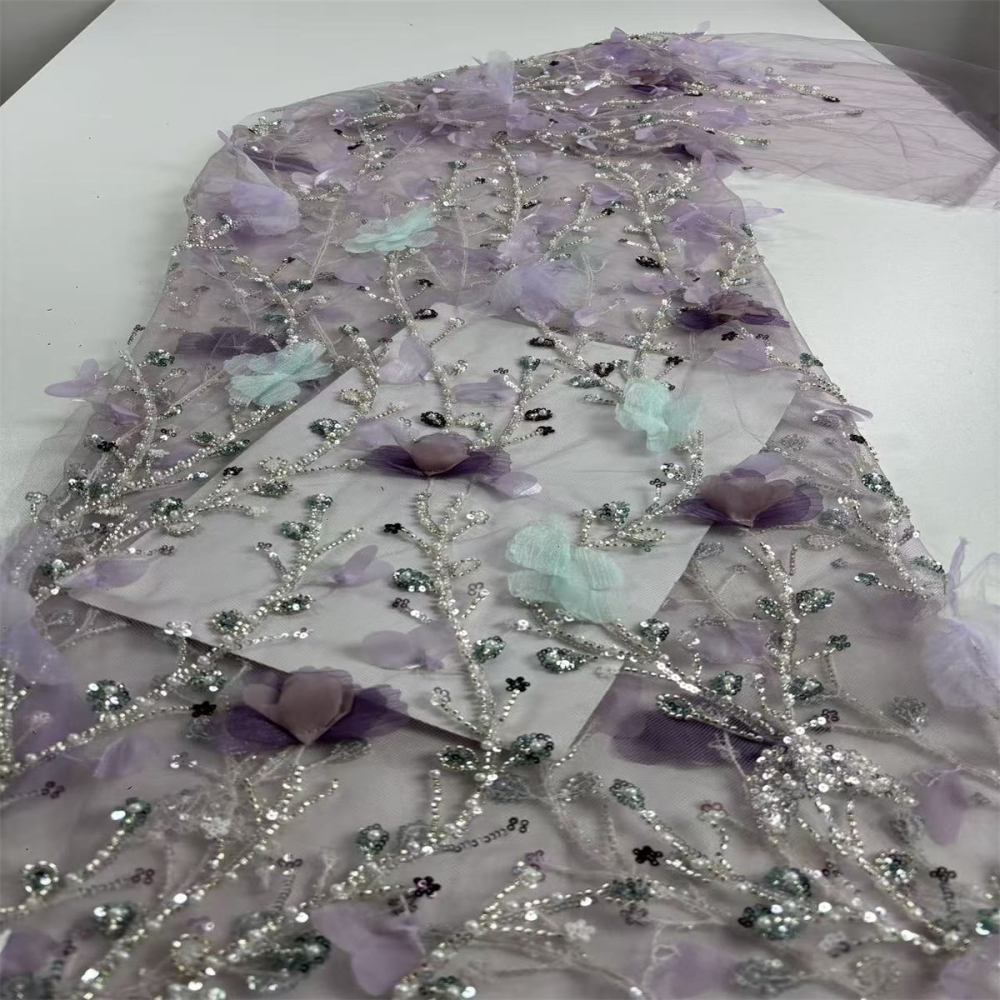 Beaded Tulle Feather 3D Floral Fabric - 5 Yards | HY012