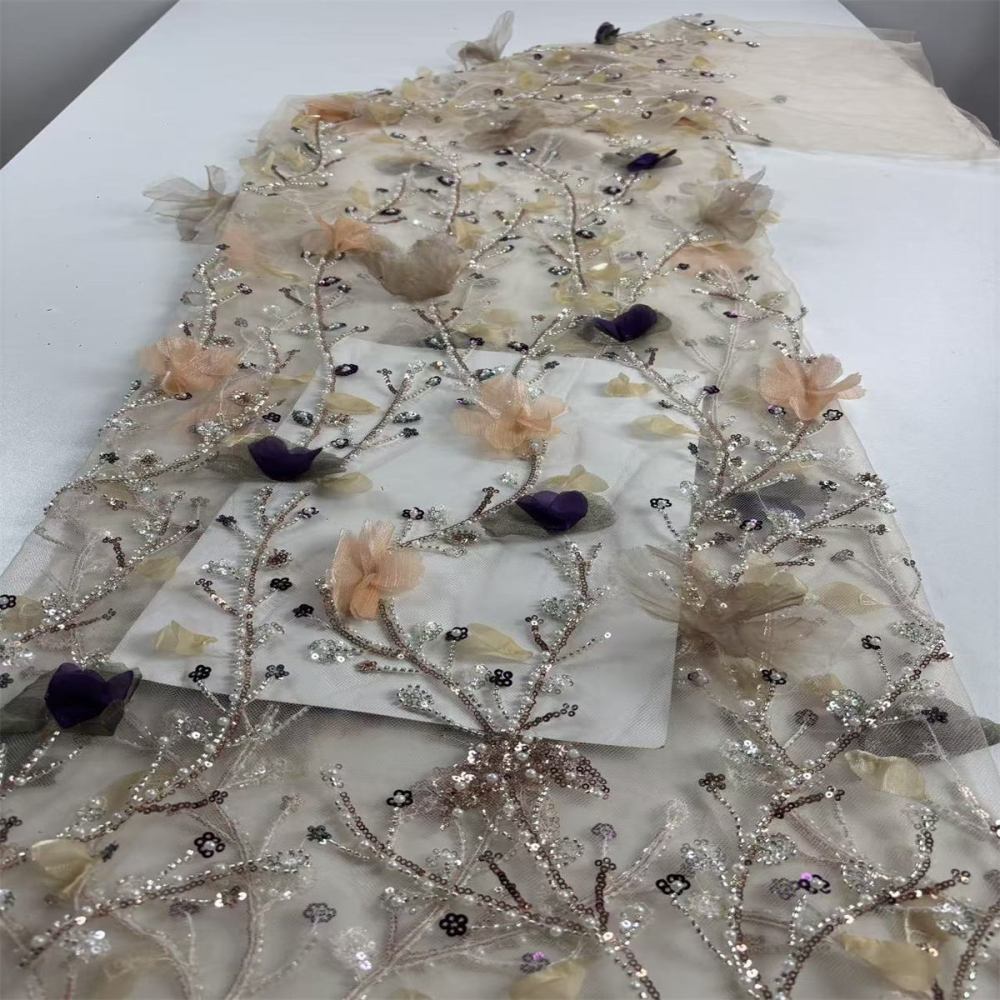 Beaded Tulle Feather 3D Floral Fabric - 5 Yards | HY012