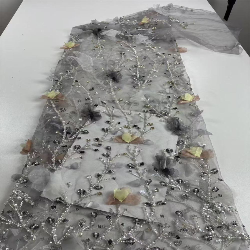 Beaded Tulle Feather 3D Floral Fabric - 5 Yards | HY012