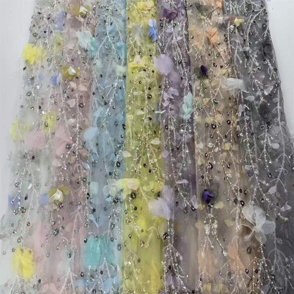 Beaded Tulle Feather 3D Floral Fabric - 5 Yards | HY012