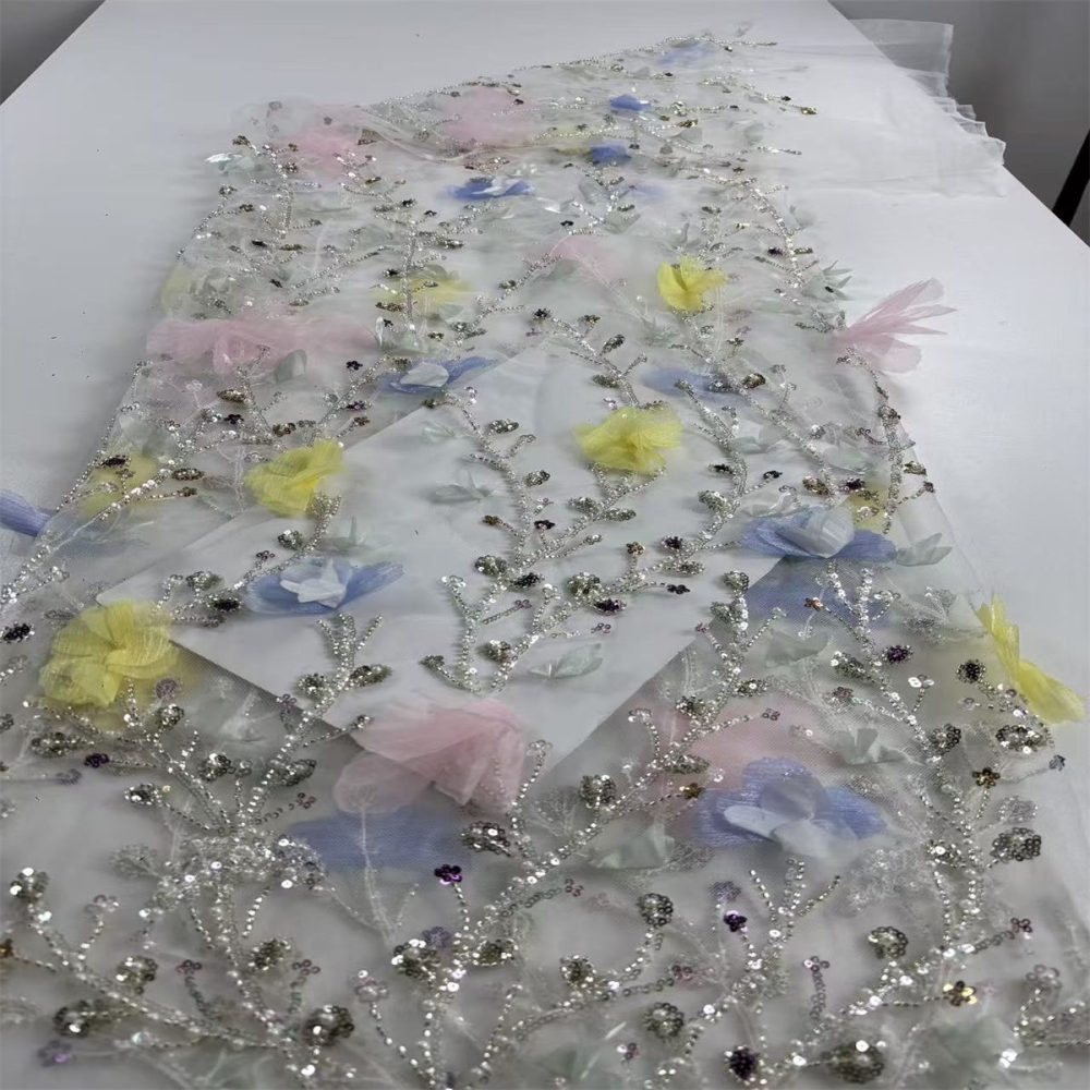 Beaded Tulle Feather 3D Floral Fabric - 5 Yards | HY012