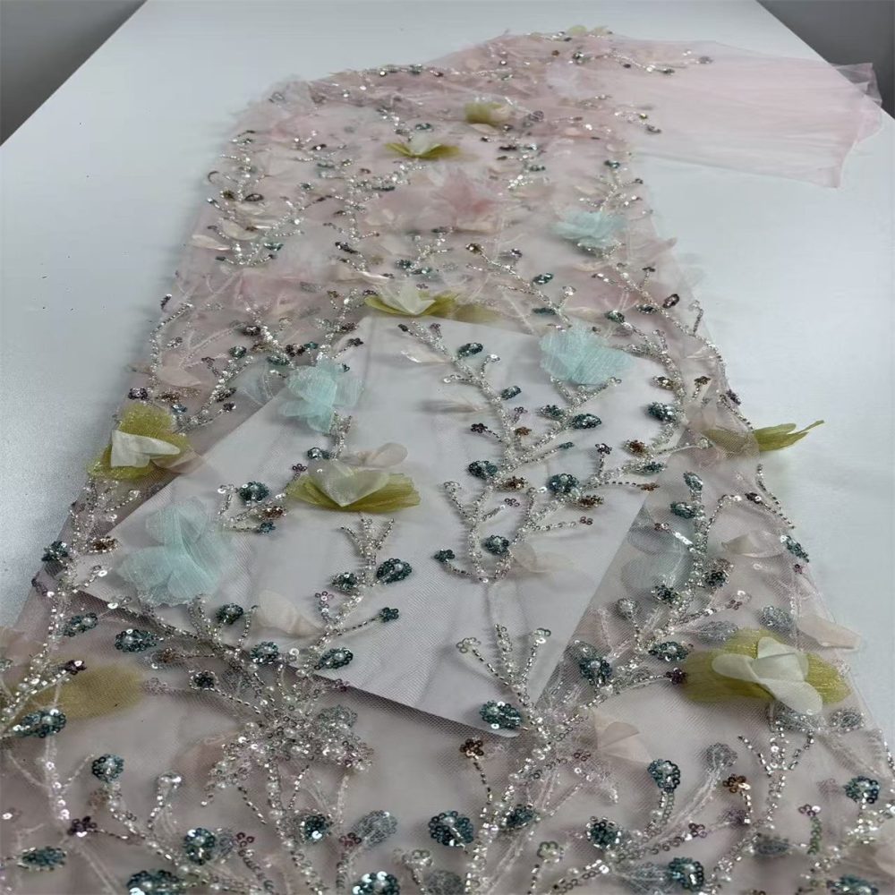 Beaded Tulle Feather 3D Floral Fabric - 5 Yards | HY012