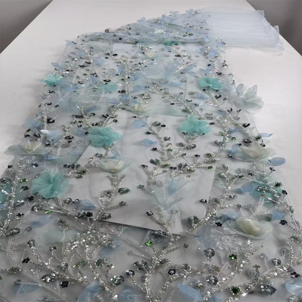 Beaded Tulle Feather 3D Floral Fabric - 5 Yards | HY012