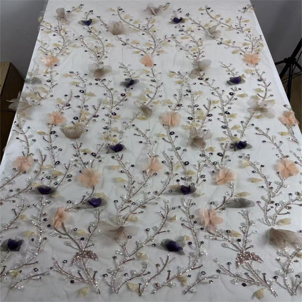 Beaded Tulle Feather 3D Floral Fabric - 5 Yards | HY012