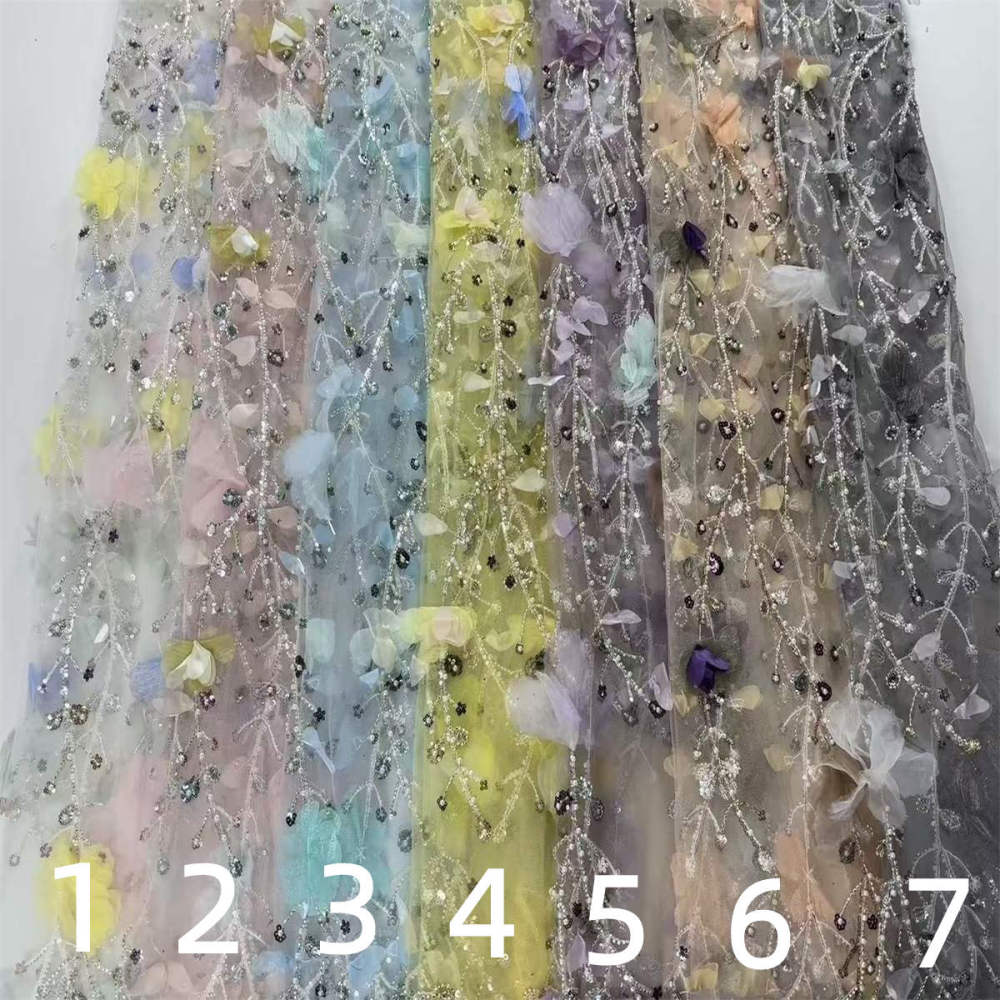 Beaded Tulle Feather 3D Floral Fabric - 5 Yards | HY012