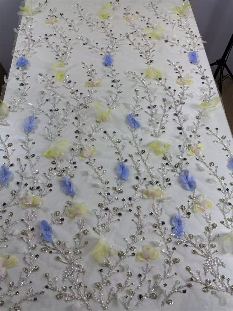 Beaded Tulle Feather 3D Floral Fabric - 5 Yards | HY012