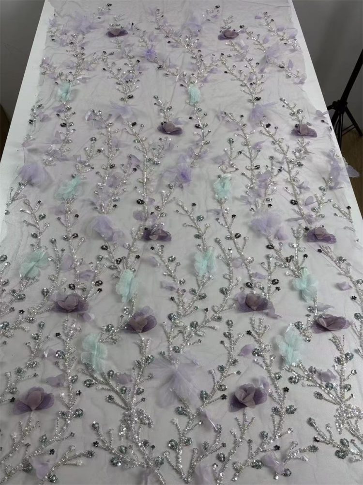 Beaded Tulle Feather 3D Floral Fabric - 5 Yards | HY012
