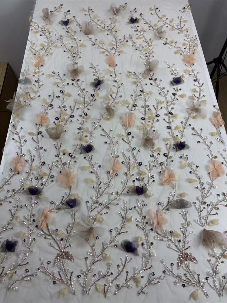 Beaded Tulle Feather 3D Floral Fabric - 5 Yards | HY012