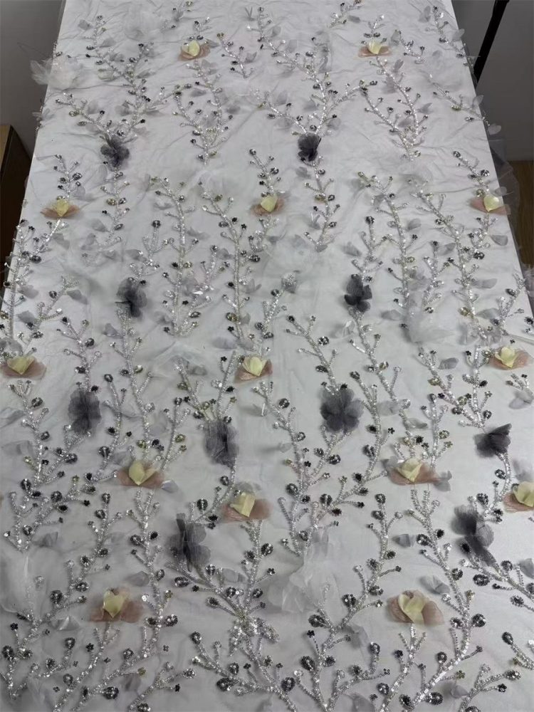 Beaded Tulle Feather 3D Floral Fabric - 5 Yards | HY012