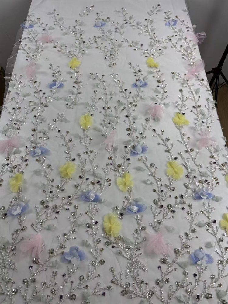 Beaded Tulle Feather 3D Floral Fabric - 5 Yards | HY012